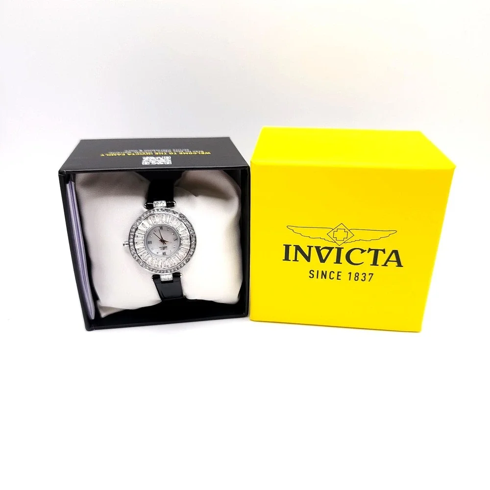 Invicta Celestial 70351 Womens Watch Silver Crystal Black Leather 30mm NEW